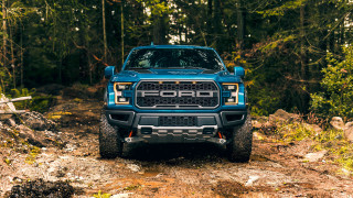 Blue truck forest dirtroad log - octane free wallpaper