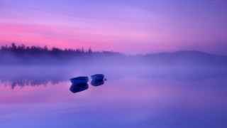 Boats foggy sunset trees mountains - dawn free wallpaper