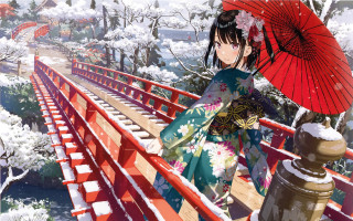 Woman kimono umbrella bridge cherry - an umbrella over her head free wallpaper