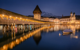 Docked boat bridge city lights - florence engelbach free wallpaper for desktop