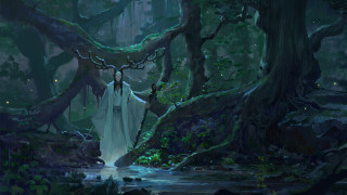 Woman white dress forest stream - chen chun free wallpaper