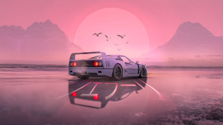 Car road mountains redlight retrofuturism - outrun free wallpaper for desktop