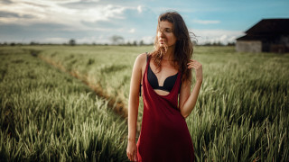 Woman red dress field barn - a barn in the background free wallpaper