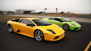Yellow green sports cars runway - a plane in the background free wallpaper for desktop