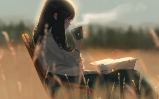 Woman sitting coffee reading field - plein air free wallpaper