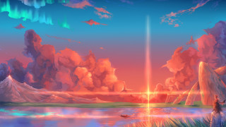 Sunset boat clouds gradient sky - a painting of a sunset free wallpaper