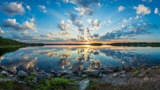 Lake rocks grass clouds reflection - rock and grass free wallpaper