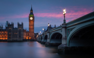 Clock tower cityscape bridge sunset - over a city free wallpaper for desktop