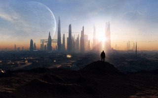 Man hill city moon skyline - free sci-fi wallpaper