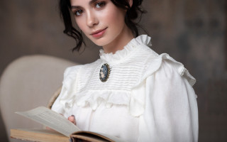 Woman white blouse smiling book - victorian free wallpaper