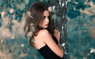 Woman black dress forest elina 2 - against free wallpaper