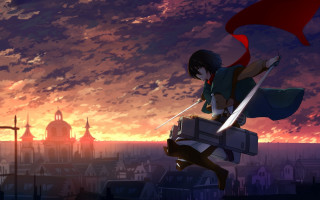 Woman sword flying city sunset - the air over a city free wallpaper