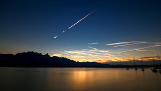 Sunset plane lake mountains clouds - stroke free wallpaper