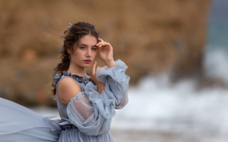 Woman blue dress umbrella ocean - a blue dress holding free wallpaper