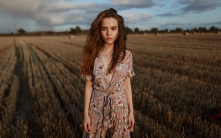 Woman wheat field dress clouds - the middle of the field free wallpaper