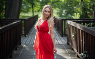 Red dress woman bridge park - american barbizon school free wallpaper for desktop