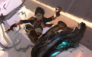 Futuristic man flying airship bird - his hands out in front free wallpaper