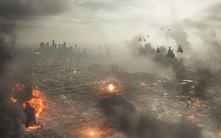 Planes city smoke buildings flying - a large group free wallpaper for desktop