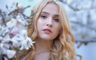 Serious blonde woman flower outdoors - barbizon school free wallpaper