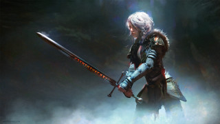 Woman sword fur collar glowing - light behind her free wallpaper for desktop