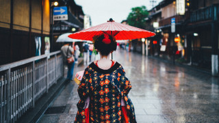 Woman kimono umbrella cityscape rain - a street holding free wallpaper for desktop