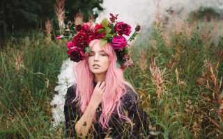 Pink hair flower field smoke - pink hair free wallpaper for desktop