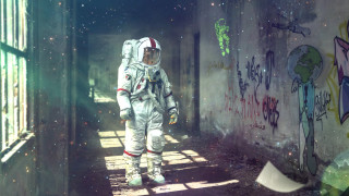 Astronaut graffiti hallway night moon - a hallway free wallpaper