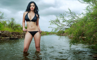 Woman bikini river nature photorealistic - the background and bushes free wallpaper