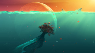 Tree water sun bird moon - matte painting concept art free wallpaper for desktop