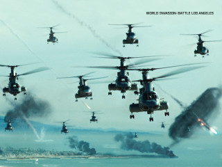 Military helicopters flying city ocean - a helicopter free wallpaper for desktop