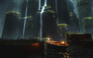 Boat waterfall forest night lights - a boat floating free wallpaper