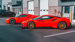 Red sports cars yellow door - vibrant color scheme free wallpaper