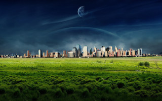 City skyline moon green field 2 - a moon in the sky free wallpaper