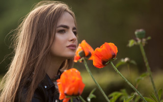 Woman longhair flowers serious bokeh - a field of flowers free wallpaper