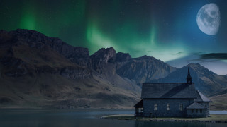 House island aurora mountain night - affinity photo free wallpaper for desktop