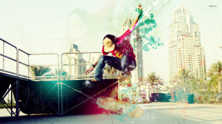 Man skateboard ramp cityscape graffiti - a man riding free wallpaper