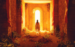 Woman doorway autumn leaves light - the doorway free wallpaper