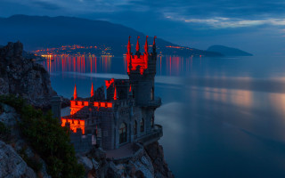 Castle cliff moonlit water mountains - magical atmosphere free wallpaper