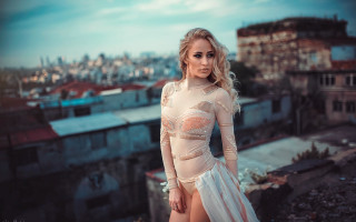 Woman white dress rooftop cityscape - anna katharina block free wallpaper for desktop
