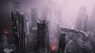 Futuristic city plane night sky - matte painting concept art free wallpaper for desktop