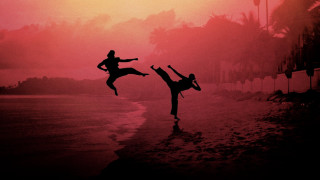 Karate duo beach sunset silhouette 2 - fabien charuau free wallpaper
