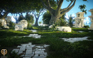 Stone garden trees rocks path - photorealism free wallpaper for desktop