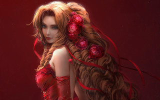 Woman red roses fantasy anime - red ribbon free wallpaper