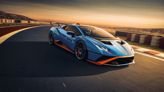Blue orange sportscar sunset road - outrun free wallpaper