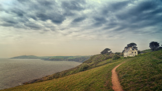 House hill overlooking water mountain - a path free wallpaper