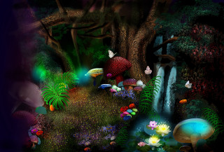 Forest waterfall mushrooms flowers butterfly - a painting of a forest free wallpaper for desktop