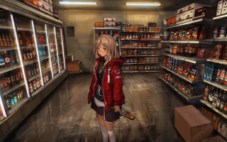 Woman redjacket brownbag cityscape cyberpunk - a store free wallpaper