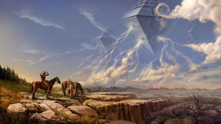 Man horse pyramid clouds dusk - a painting of a man free wallpaper