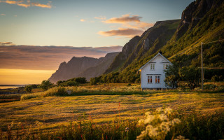 House field mountains sunset clouds - a few flower free wallpaper