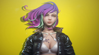 Purple hair leather jacket cyberpunk - a digital painting of a woman free wallpaper